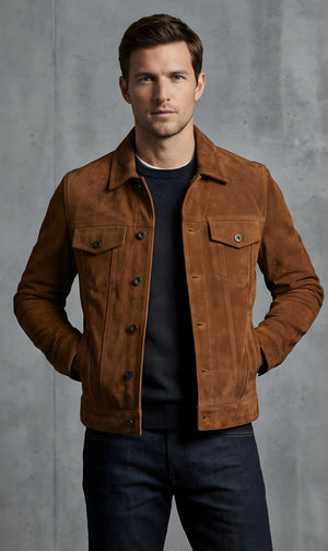 Mens Tan Suede Classic Trucker Jacket