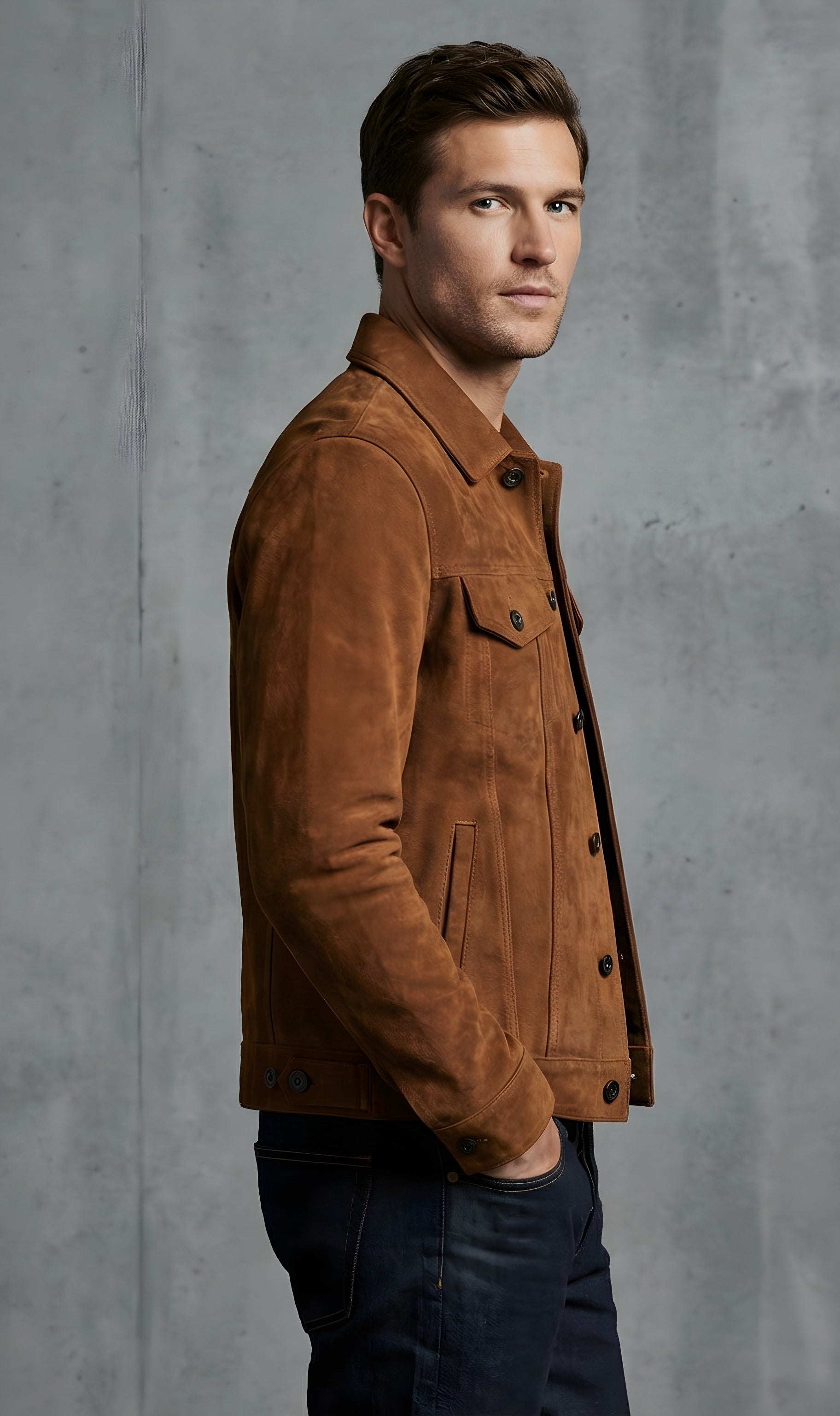 Mens Tan Suede Classic Trucker Jacket