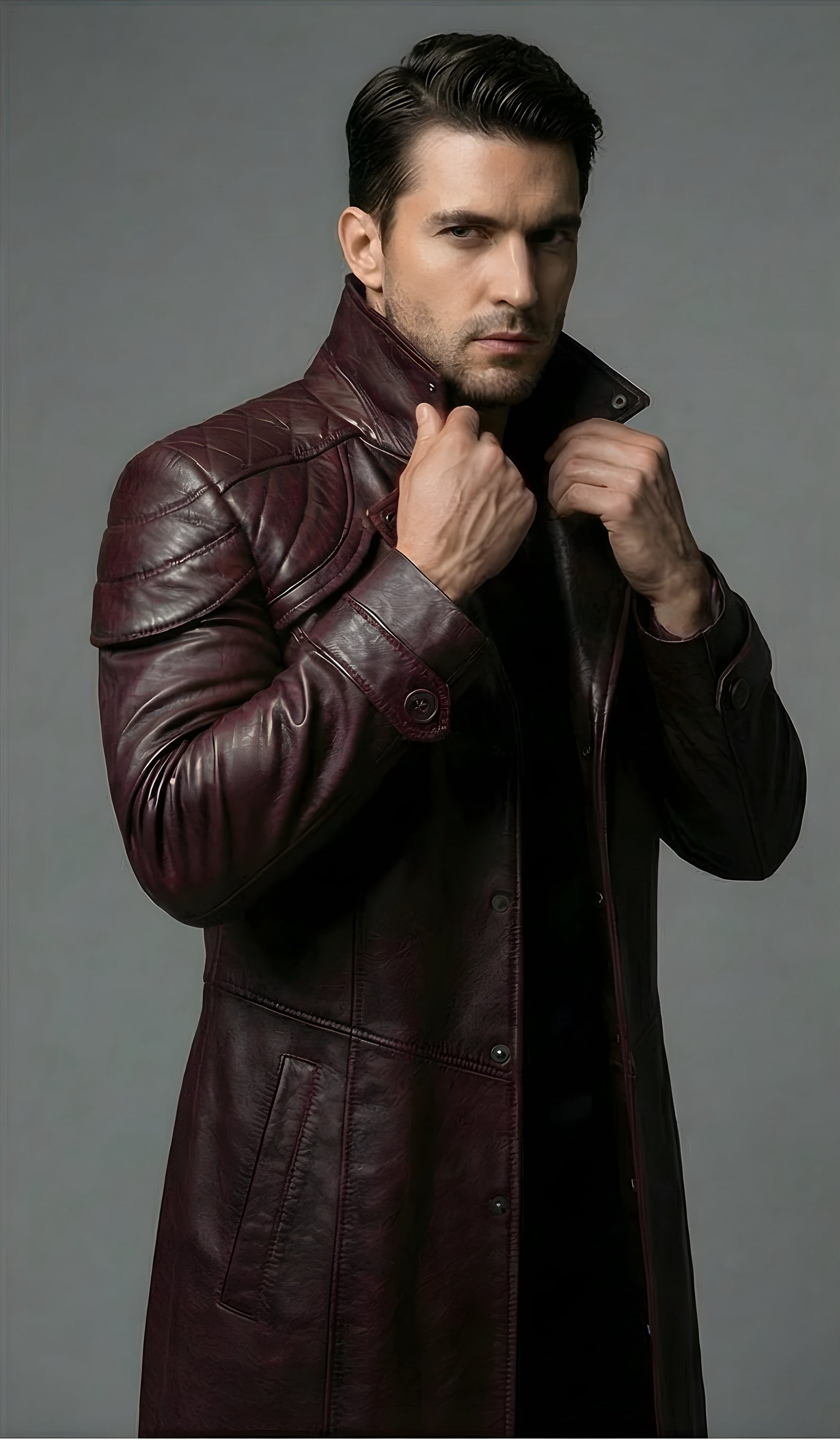 Mens Burgundy Prestige Full Length Genuine Leather Trench Coat