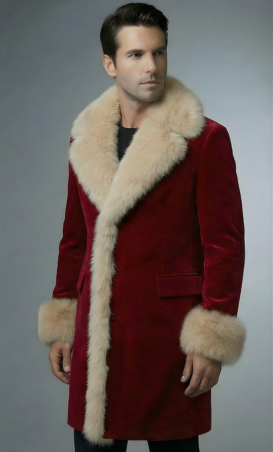 Mens Red Velvet Santa Coat With Beige Faux Fur Shawl Collar