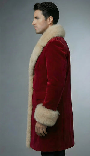 Mens Red Velvet Santa Coat With Beige Faux Fur Shawl Collar