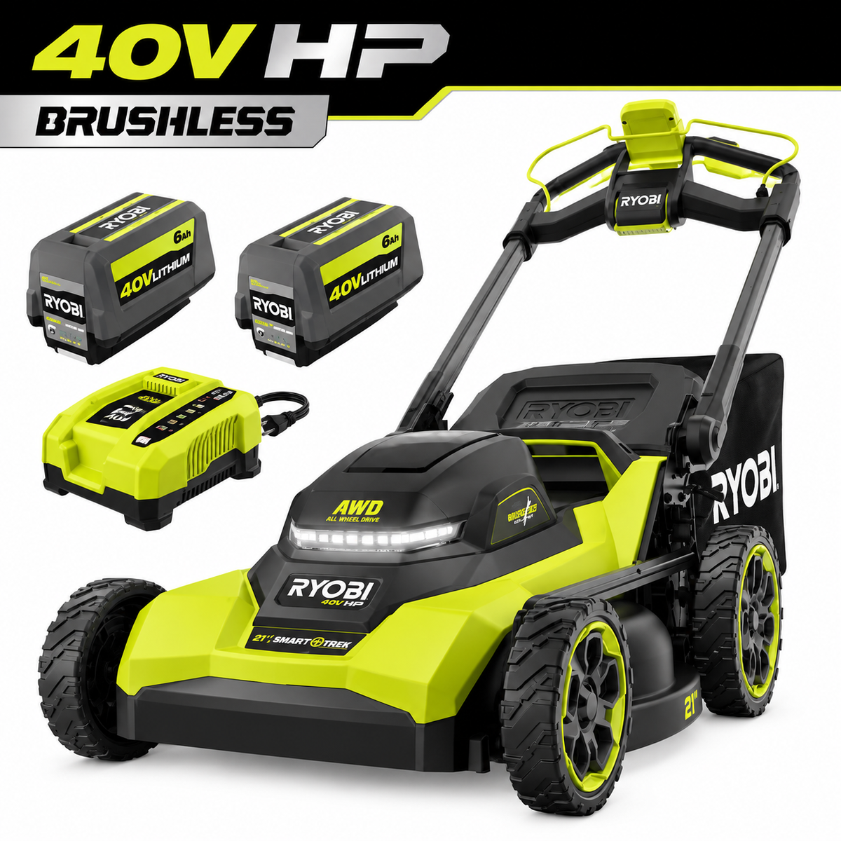 RYOBI RY40HPLM01B 40V HP Brushless 21 in. Self-Propelled Cordless Lawn Mower Kit with (2) 6Ah Batteries