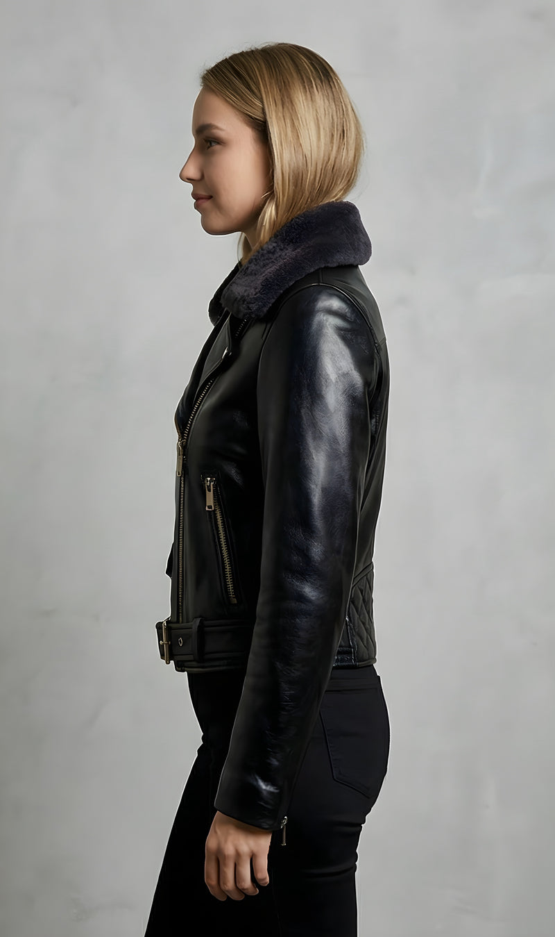 Women's Black Shearling Collar Moto Leather Jacket