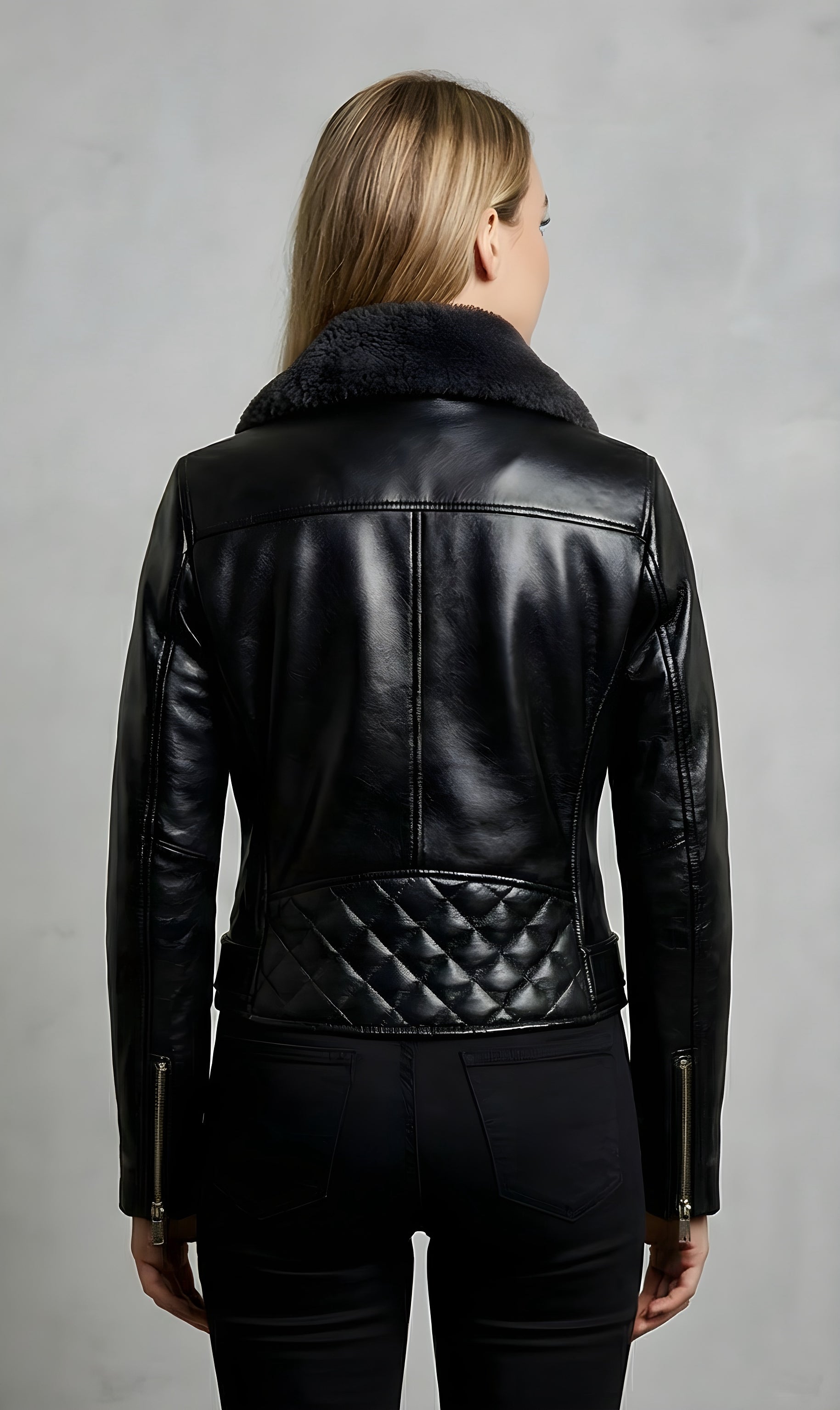 Women's Black Shearling Collar Moto Leather Jacket