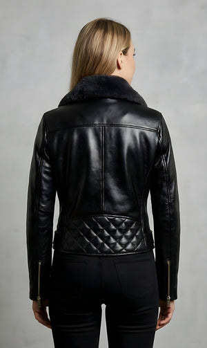 Women's Black Shearling Collar Moto Leather Jacket
