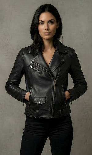 Womens Classic Black Luxe Leather Moto Jacket