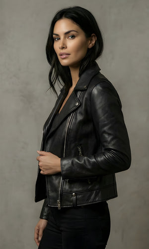 Womens Classic Black Luxe Leather Moto Jacket