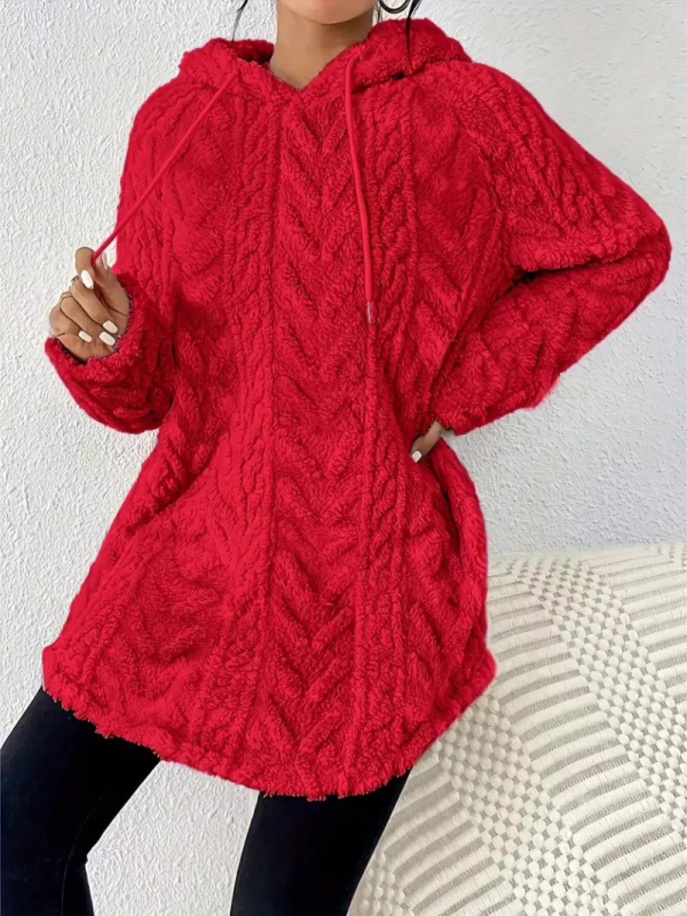 Cozy Textured Drawstring Fleece Hoodie