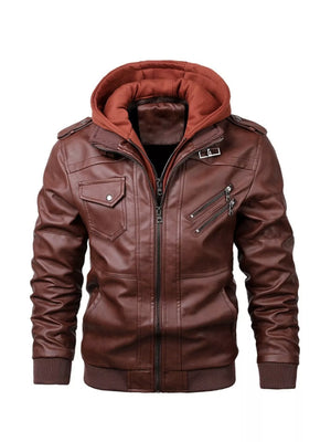 Men's Full Size Hooded Faux Leather Moto Jacket Plus Size
