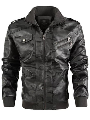 Men's Full Size Zip Up Camouflage Faux Leather Jacket Plus Size