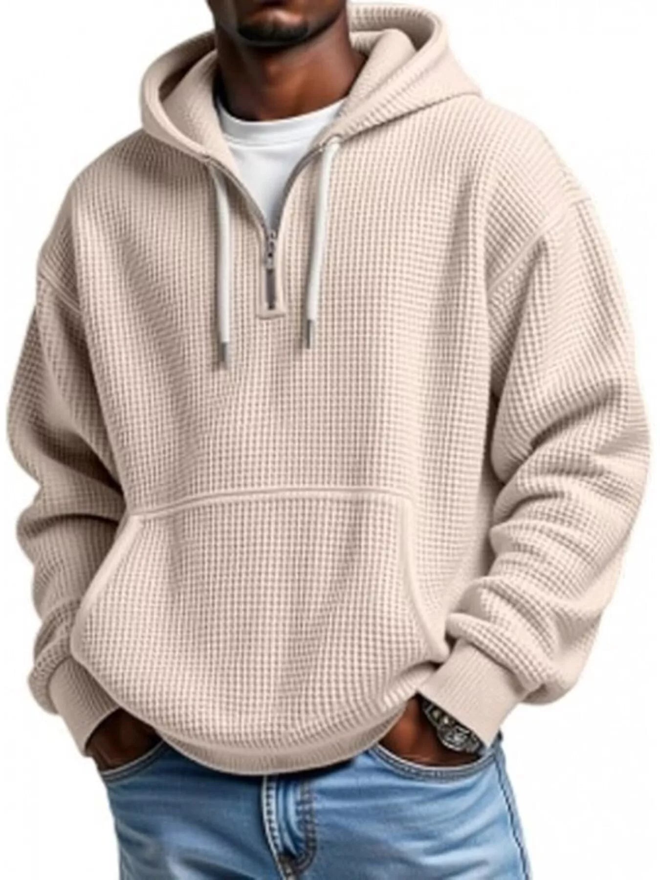 Men's Full Size Waffle Knit Quarter Zip Hoodie Plus Size