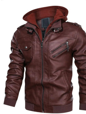Men's Full Size Vintage Hooded Leather Jacket Plus Size