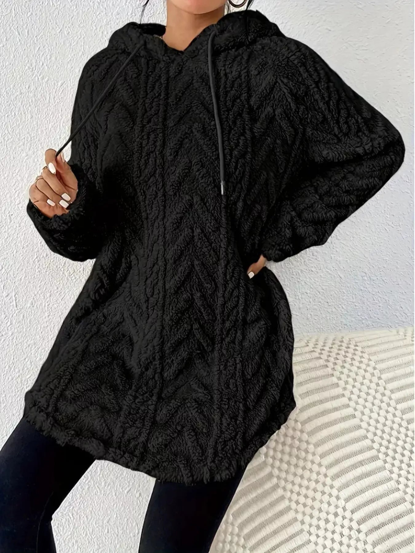 Cozy Textured Drawstring Fleece Hoodie