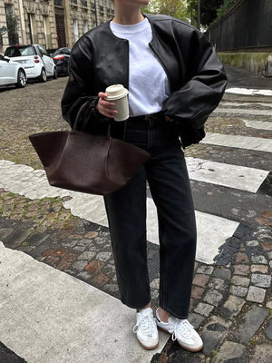 Zip Up Leather Bomber Jacket