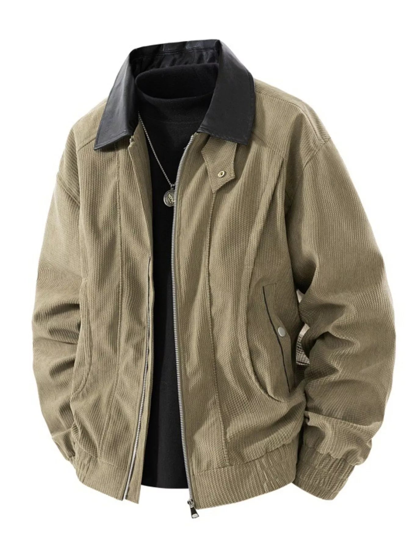 Men's Plus Size Zip Up Corduroy Jacket with Leather Collar