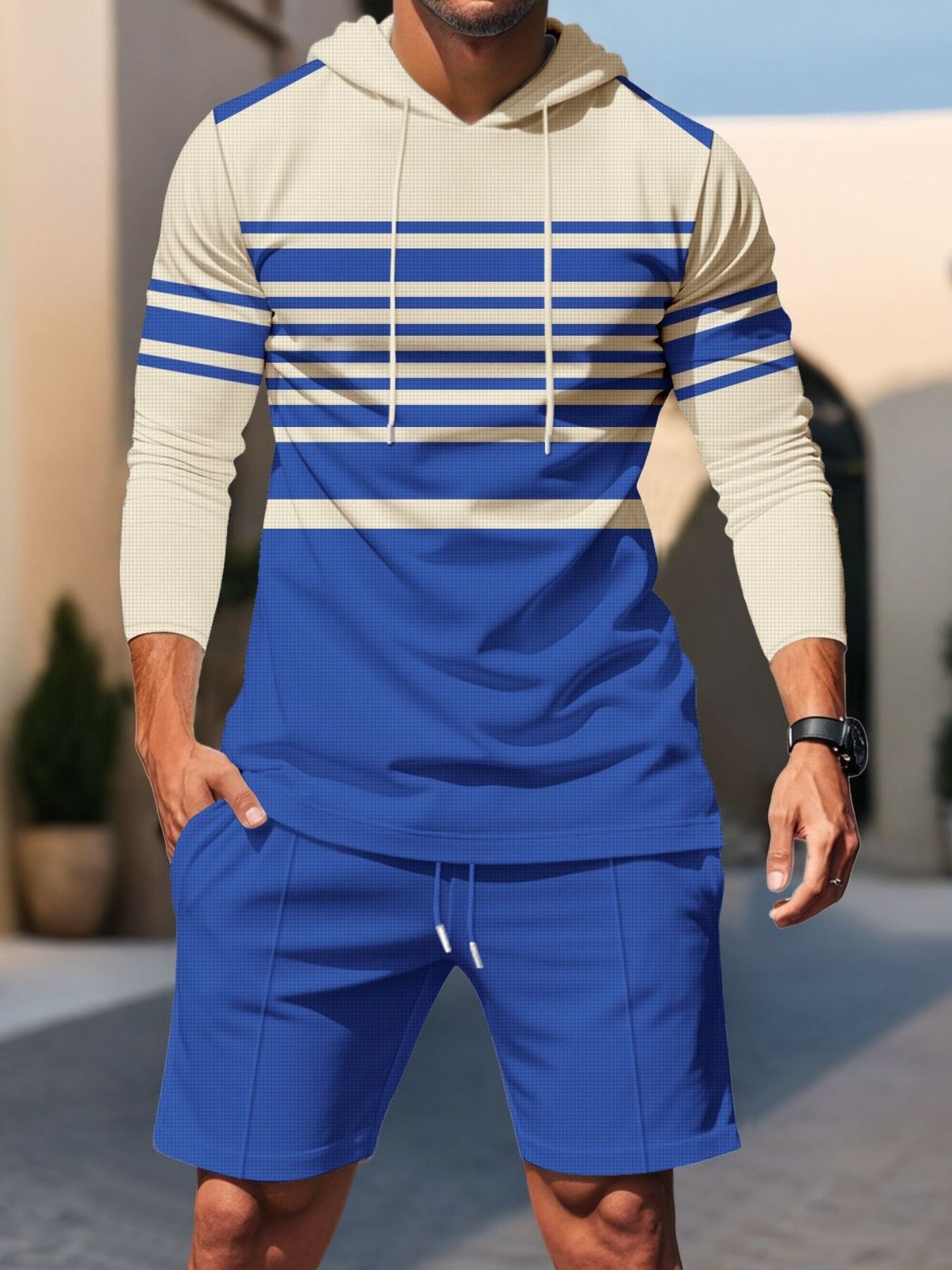 Men's Full Size Striped Hoodie & Shorts Casual Set Plus Size