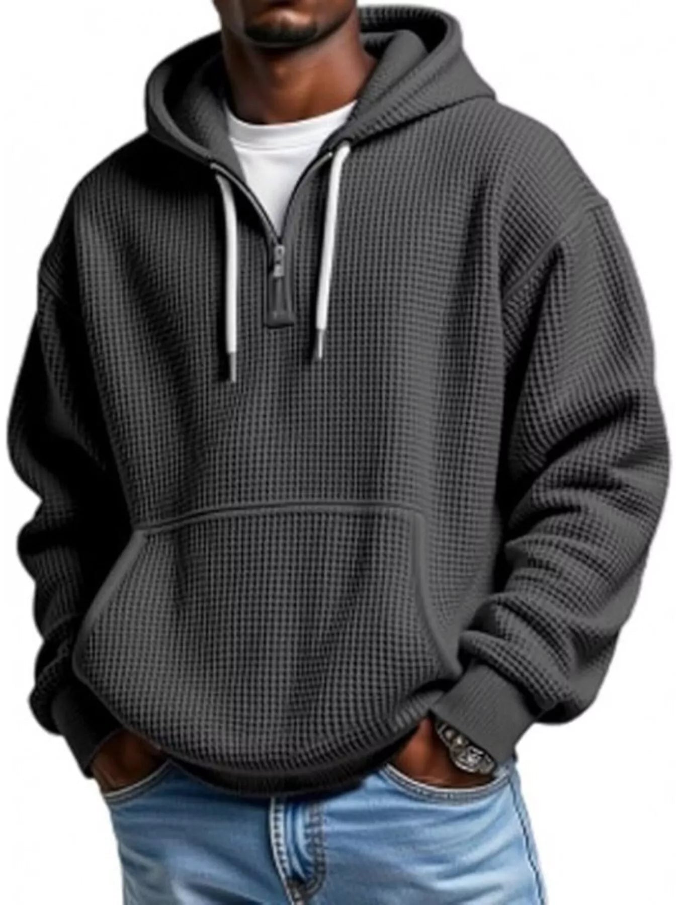Men's Full Size Waffle Knit Quarter Zip Hoodie Plus Size
