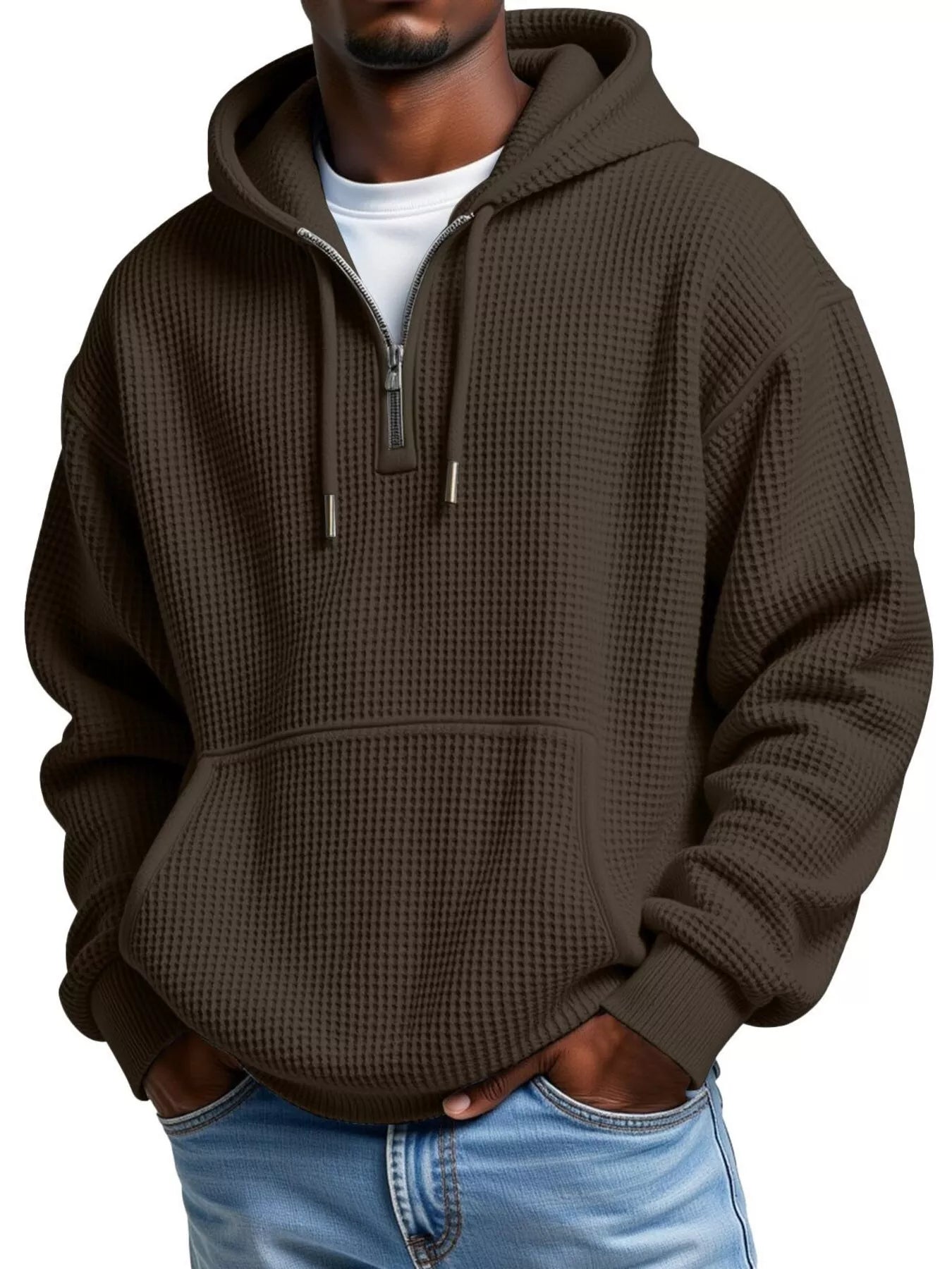 Men's Full Size Textured Waffle Knit Half-Zip Hoodie Plus Size