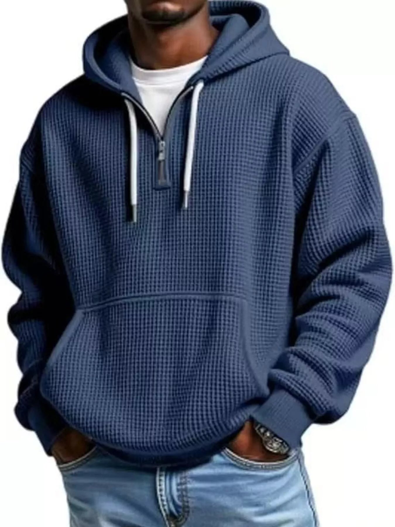 Men's Full Size Textured Waffle Knit Half-Zip Hoodie Plus Size