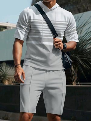 Men's Full Size Striped Short Sleeve Hoodie and Shorts Set Plus Size
