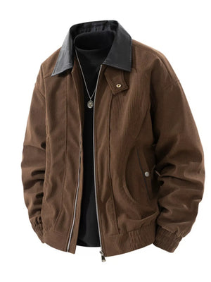 Men's Plus Size Zip Up Corduroy Jacket with Leather Collar