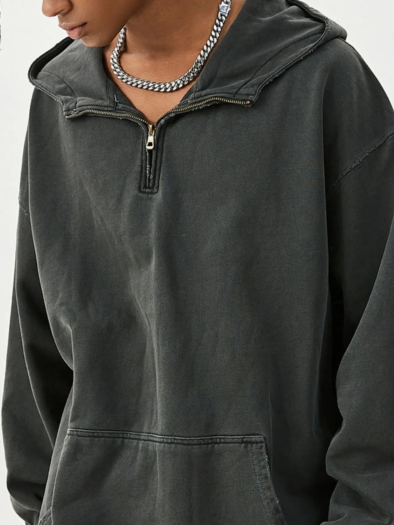 Men's Washed Quarter-Zip Hoodie with Kangaroo Pocket