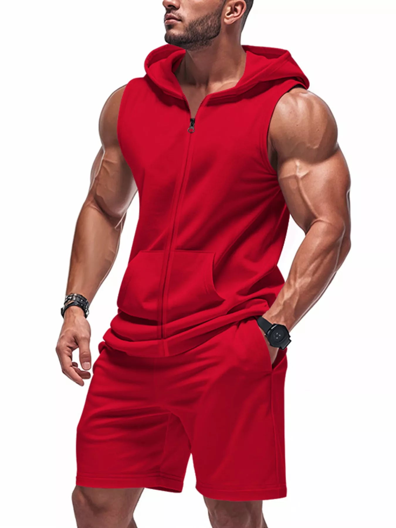 Men's Full Size Zip Up Sleeveless Hoodie & Shorts Set Plus Size