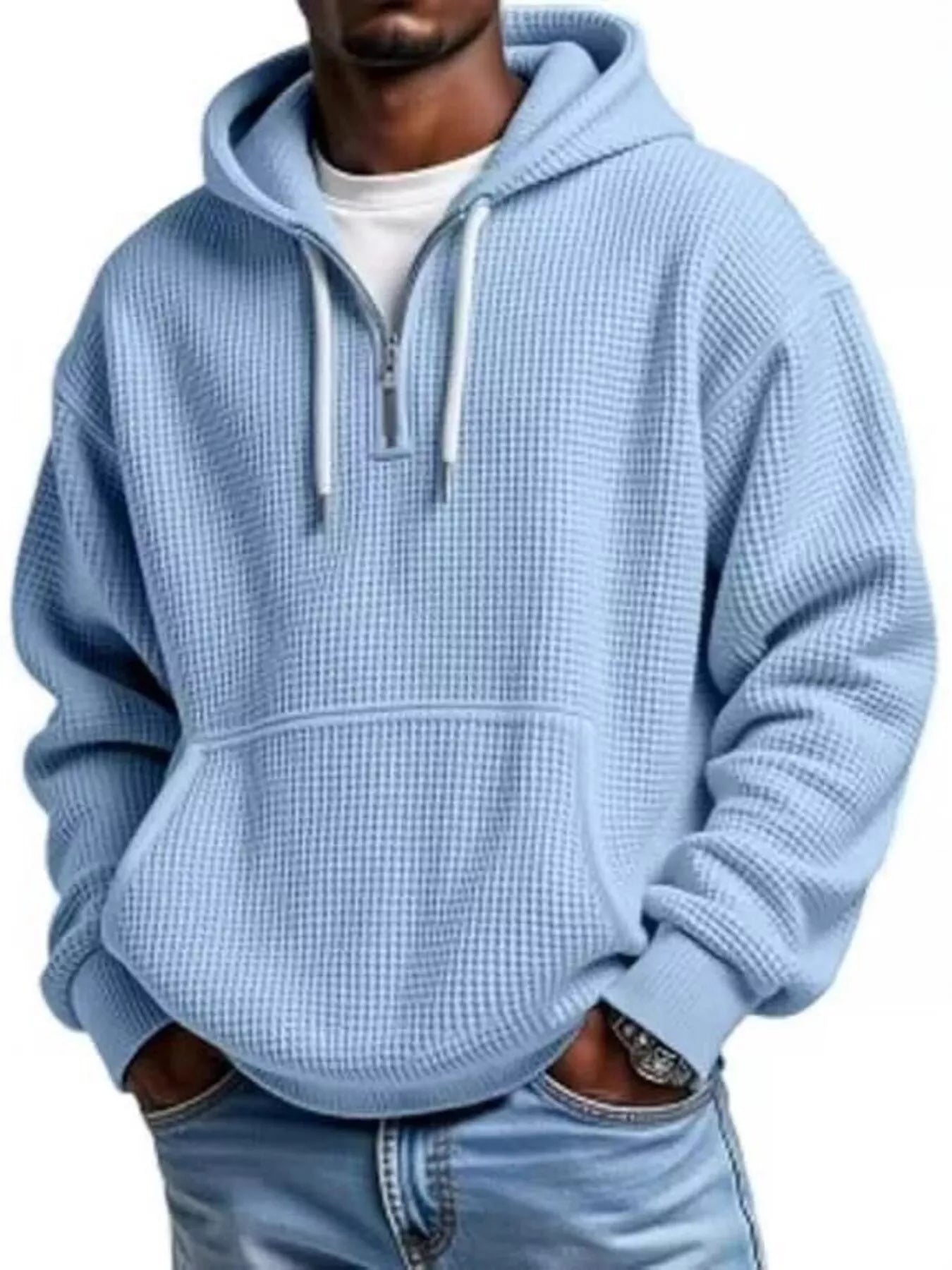 Men's Full Size Textured Waffle Knit Half-Zip Hoodie Plus Size