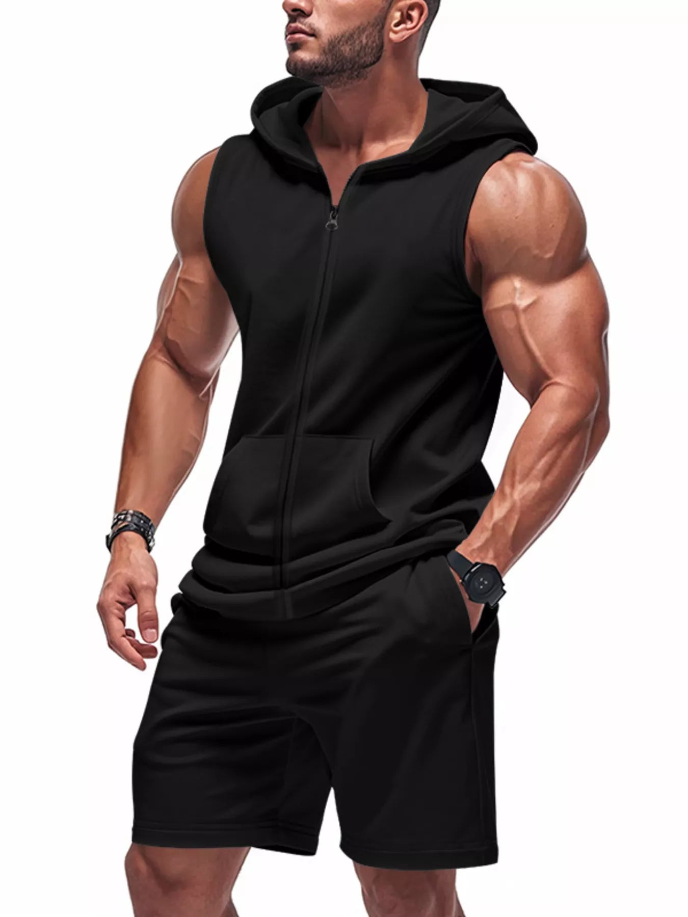 Men's Full Size Zip Up Sleeveless Hoodie & Shorts Set Plus Size