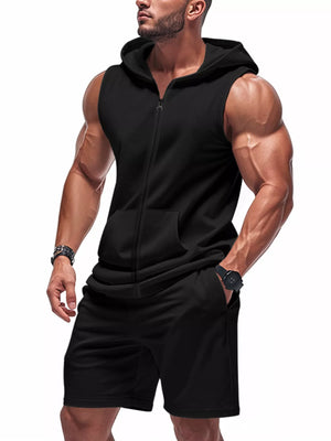 Men's Full Size Zip Up Sleeveless Hoodie & Shorts Set Plus Size