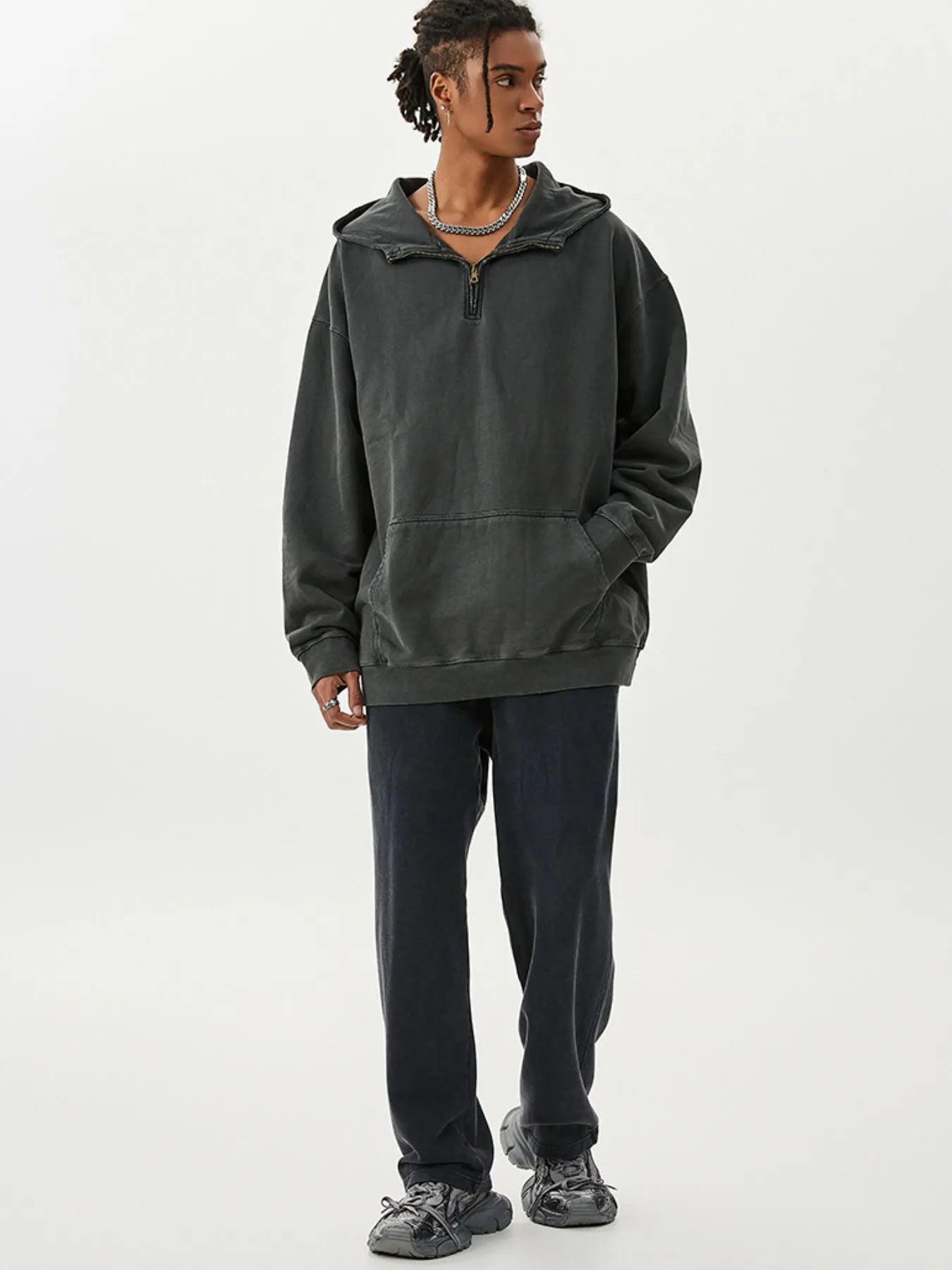 Men's Washed Quarter-Zip Hoodie with Kangaroo Pocket
