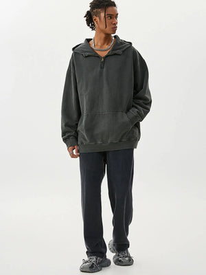 Men's Washed Quarter-Zip Hoodie with Kangaroo Pocket