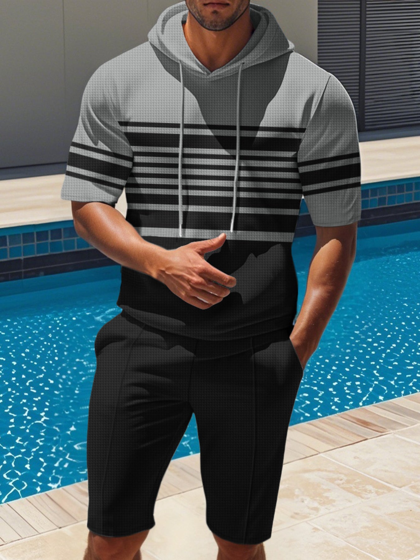 Men's Full Size Striped Short Sleeve Hoodie and Shorts Set Plus Size