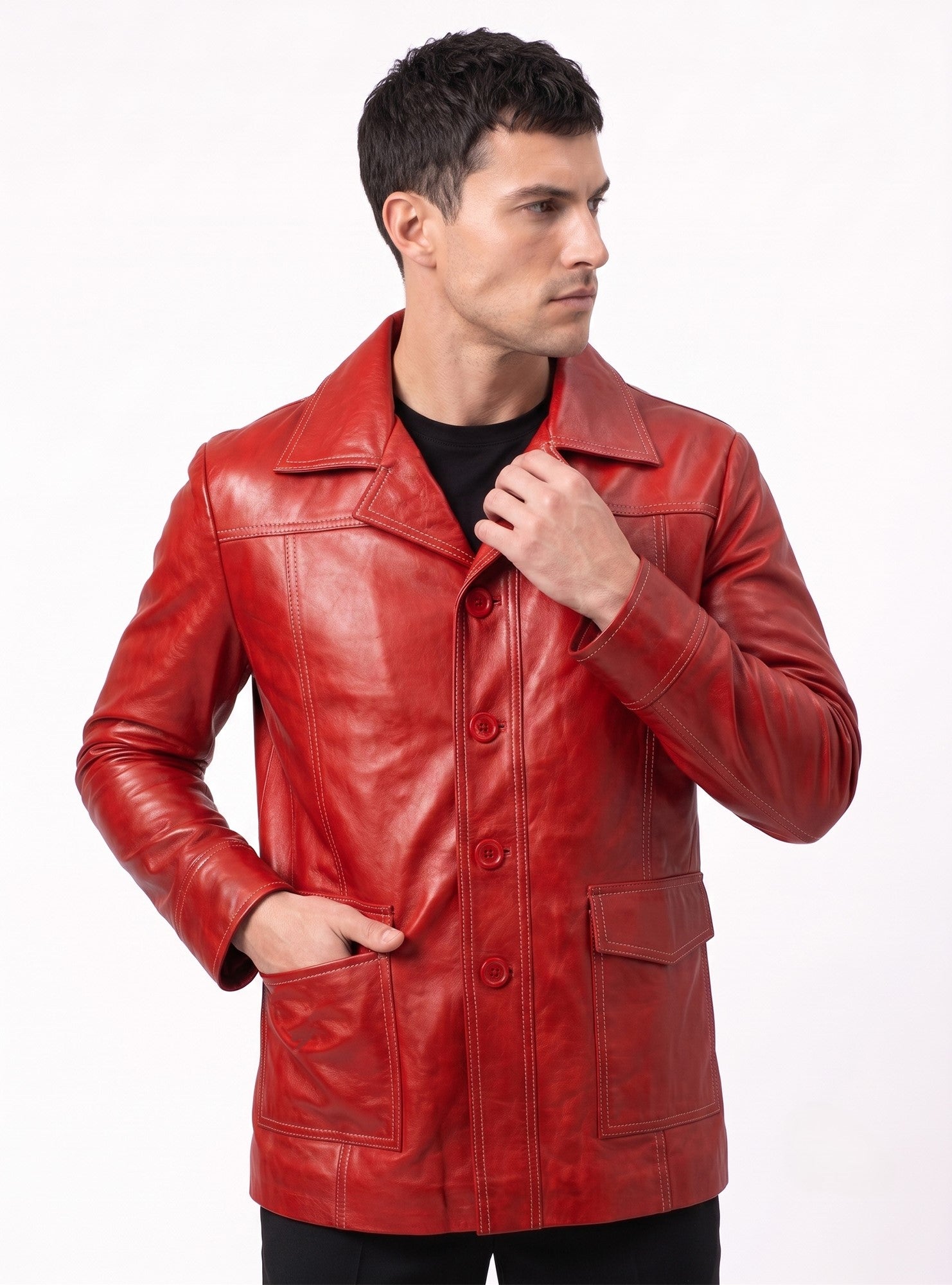Tyler Durden Fight Club Red Leather Jacket – Brad Pitt Inspired Vintage Leather Coat for Men